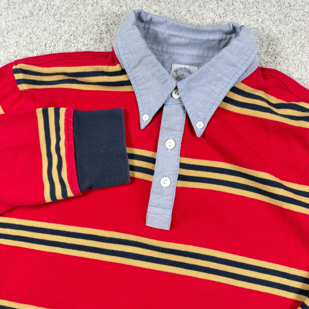 Brooks Brothers Rugby Shirt Mens L Red Striped Long Sleeve Oxford Collar Logo